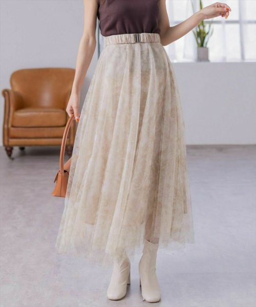clear≪再入荷≫ベルト付きプリントチュールロングスカート