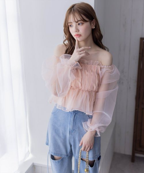 clear≪再入荷≫オーガンジー長袖ギャザーショート丈ブラウス