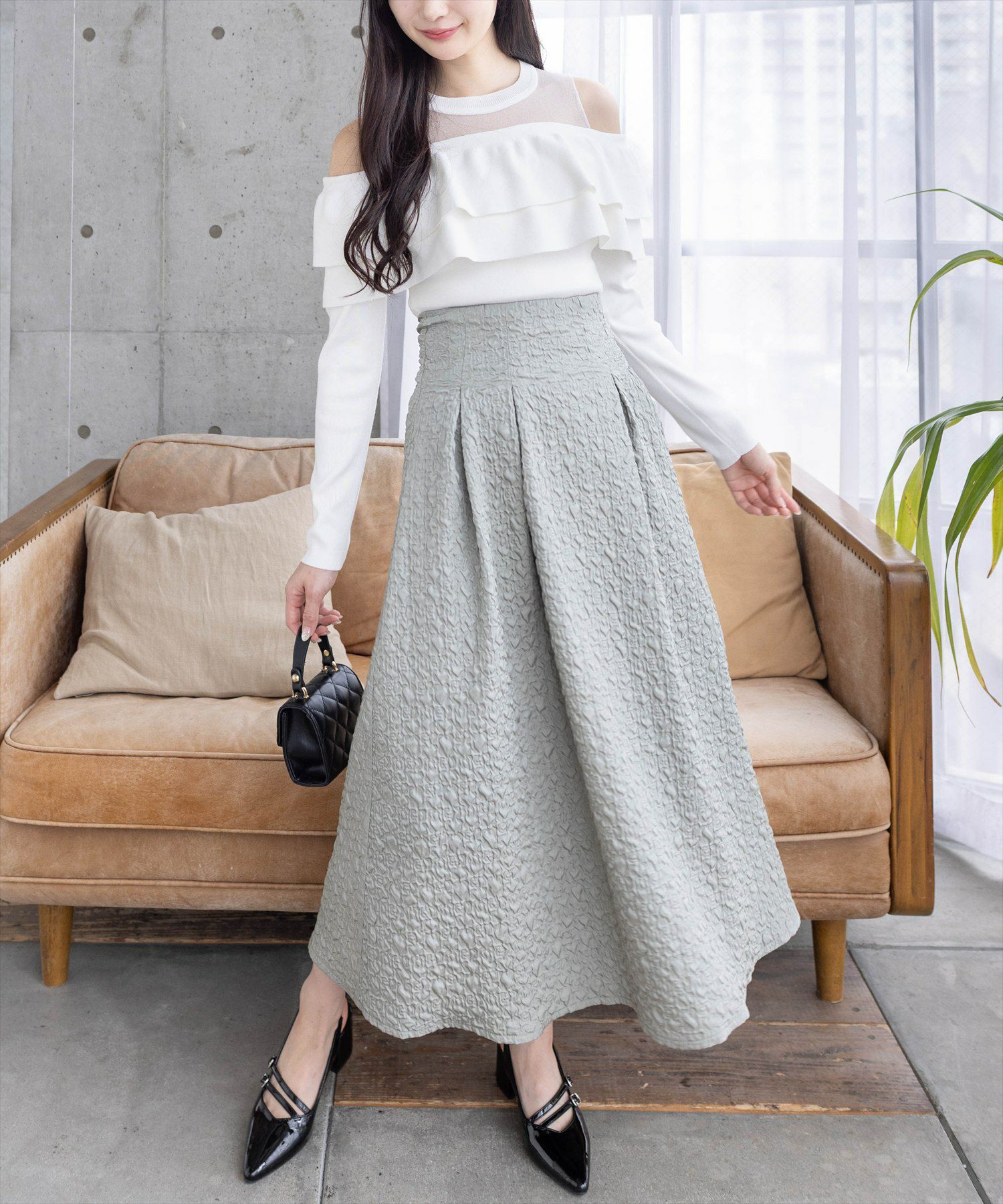 bow.a ジャガードトップス ホワイト シアースカート 2点 bow.a
