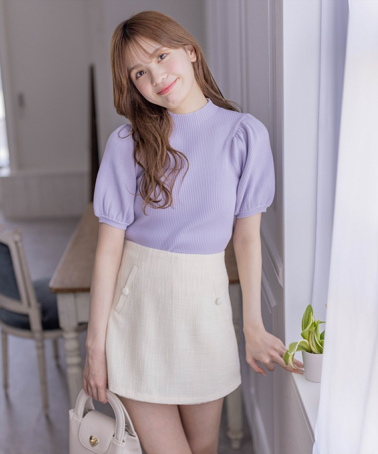 clear≪再入荷≫パフスリーブ半袖リブニットトップス[CL8111 