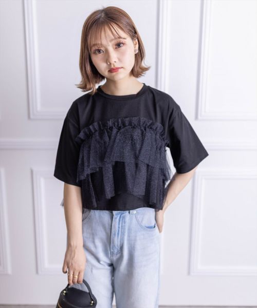 【半額クーポン対象】ドッキング Tシャツ ノースリーブ チュール ビスチェ レイヤード風 クロップド丈 大人かわいい トレンド レディース おすすめ 2025秋冬新作【lstpss24-565】【即納：1-5営業日】【送料無料】ユ込2