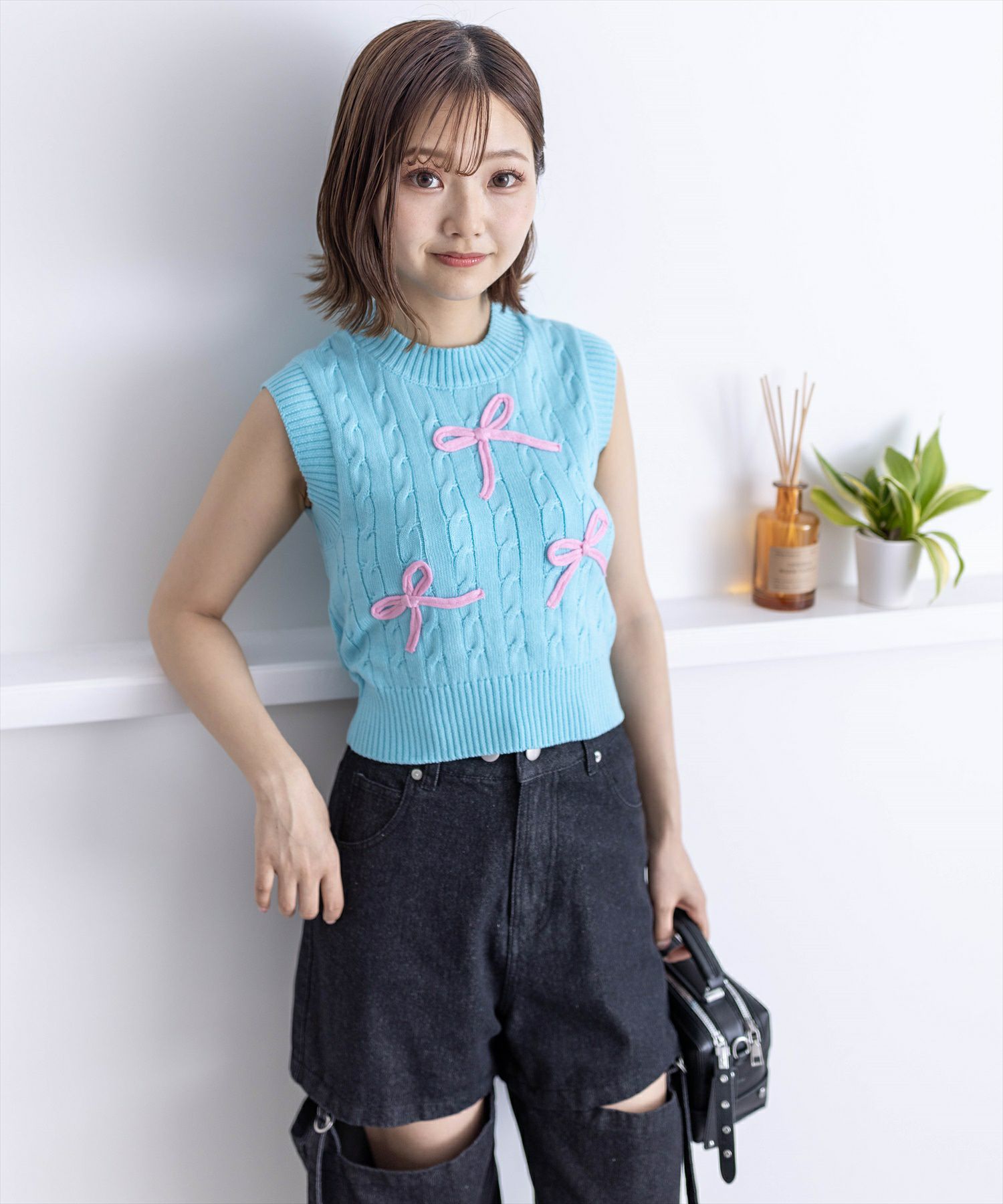 ニット セーター チェックリボンノースリニット レディース NOMAE ニット セーター チェックリボンノースリニット