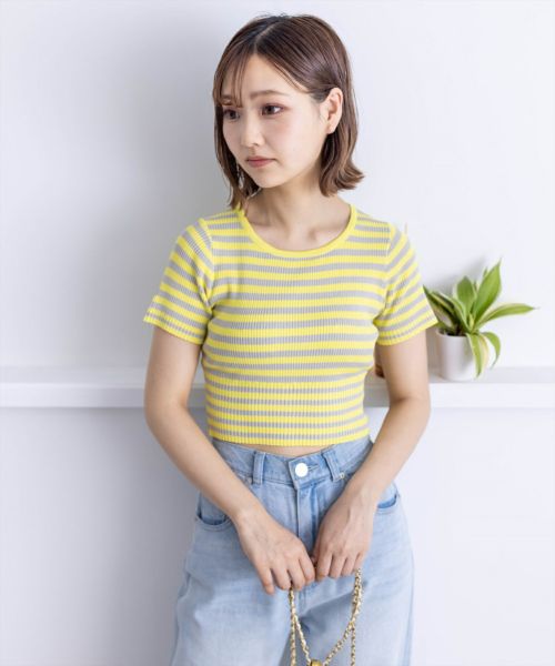 clear≪再入荷≫カラーボーダーショート丈ニットトップス[CL8434