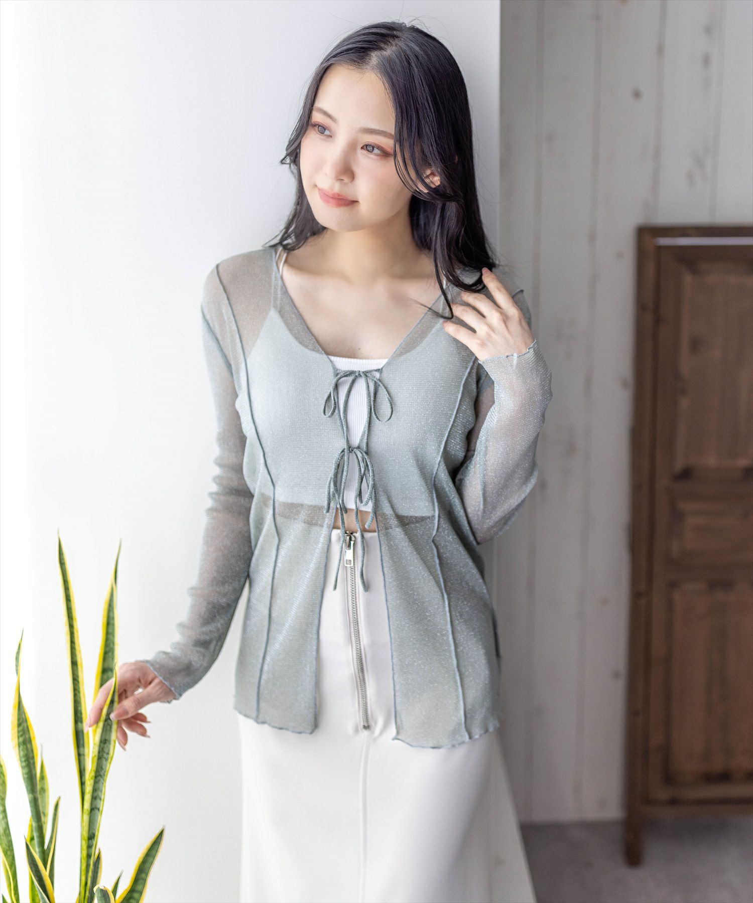 clear ラメシアーリボン付き長袖カーディガン[CL8475