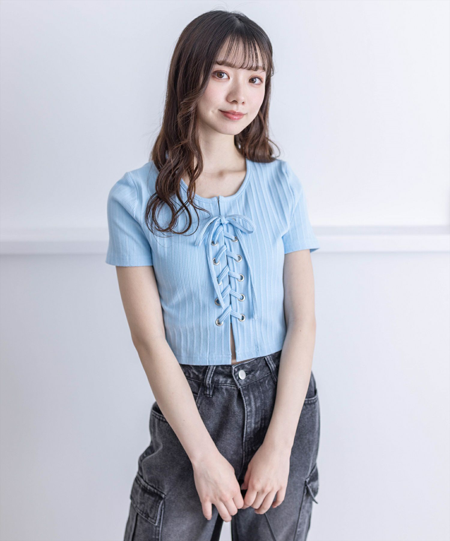 clear≪再入荷≫フロントレースアップ半袖リブカットソー