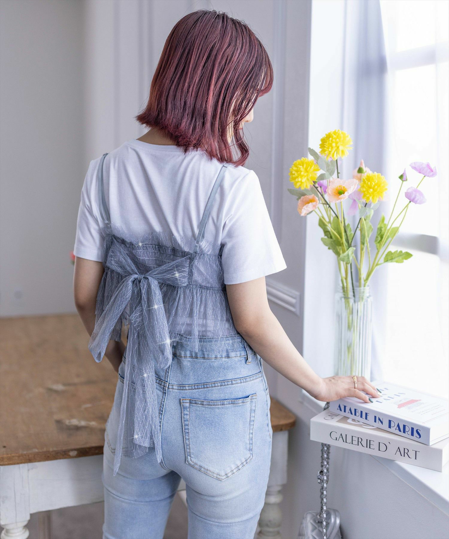 clear≪夏新作≫バックリボンラメチュールビスチェ＋Tシャツ