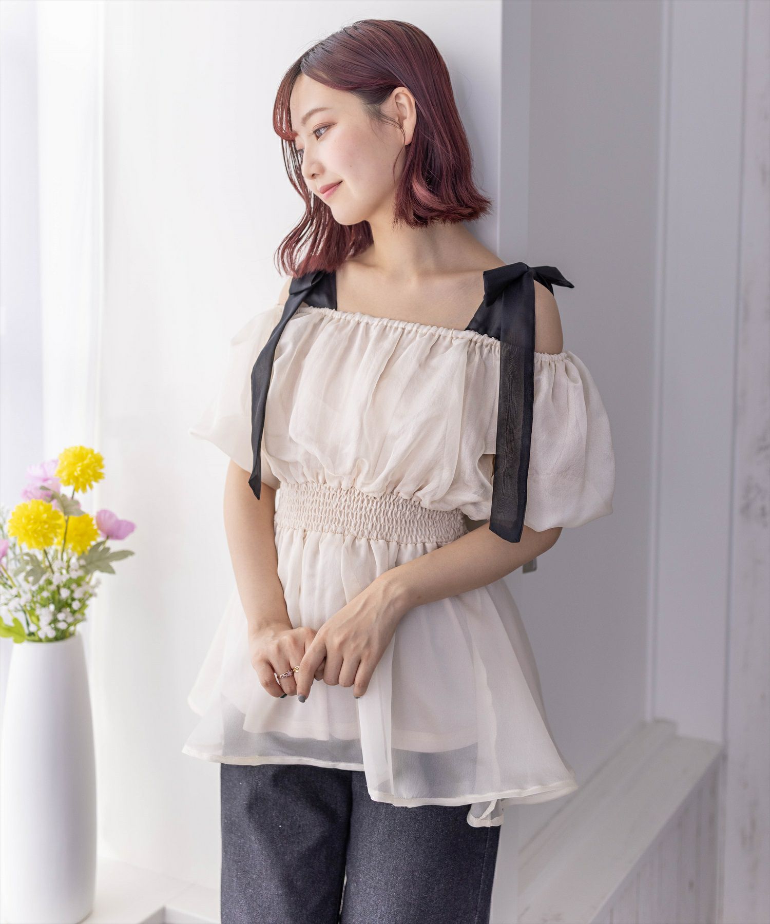 clear≪再入荷≫肩紐リボンパフスリーブ五分袖チュニック（肩紐