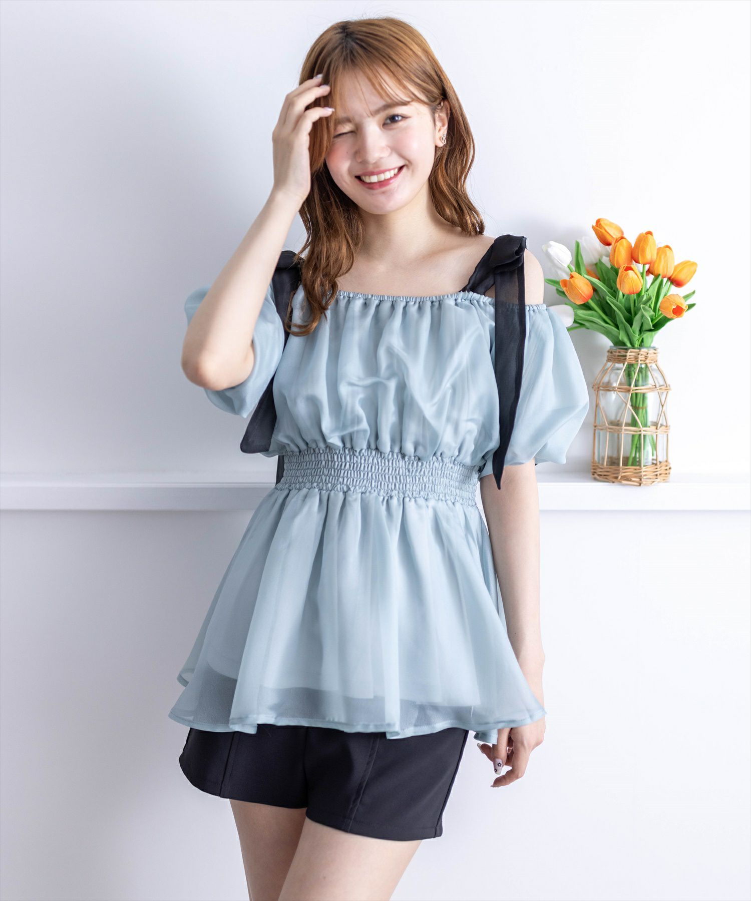 clear≪再入荷≫肩紐リボンパフスリーブ五分袖チュニック（肩紐