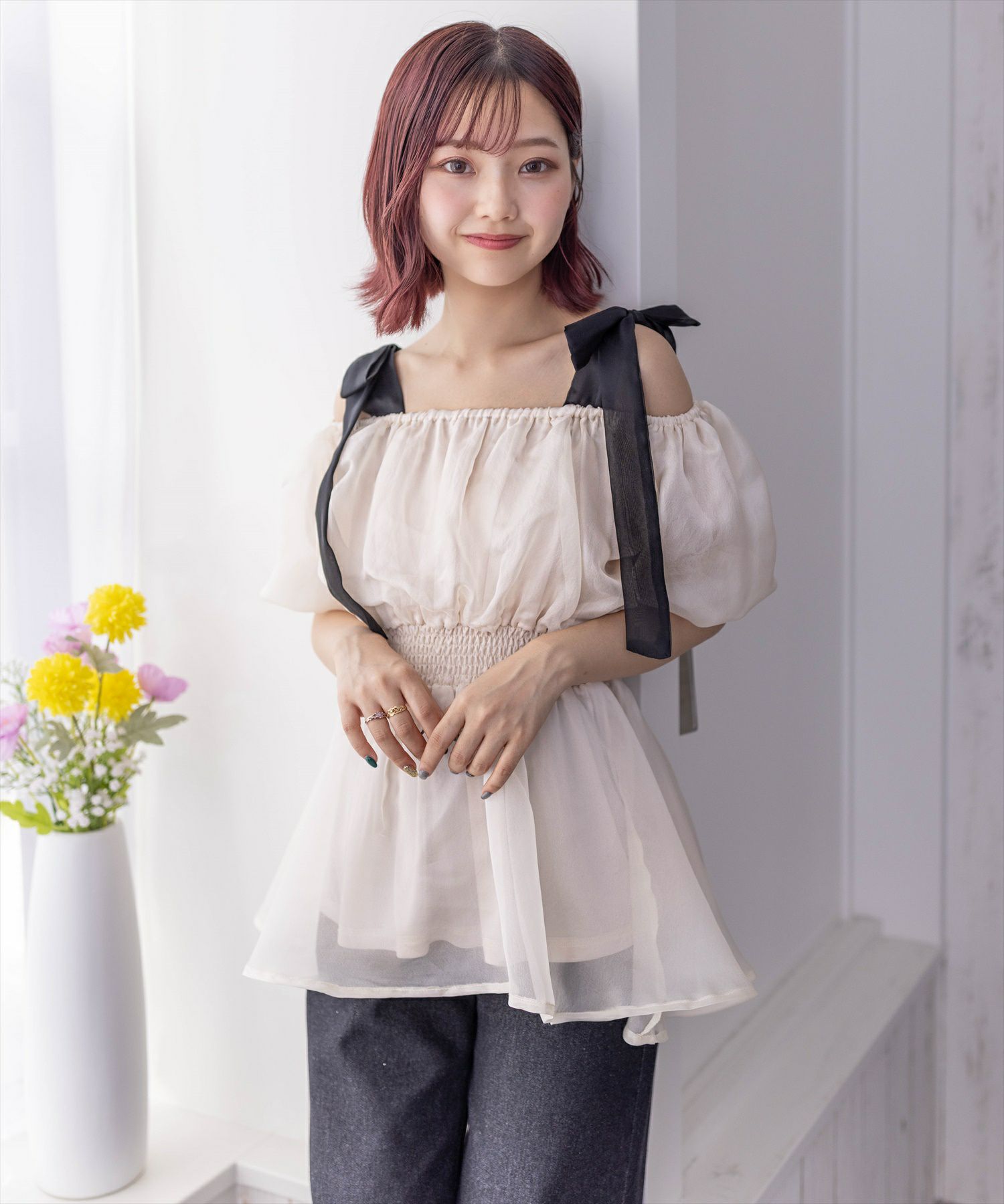 clear≪再入荷≫肩紐リボンパフスリーブ五分袖チュニック（肩紐