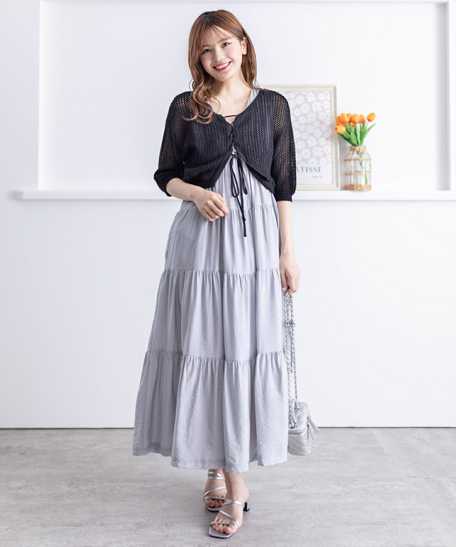 clear≪夏新作≫フロントクロスリボンメッシュニットトップス clear≪夏新作≫フロントクロスリボンメッシュニットトップス