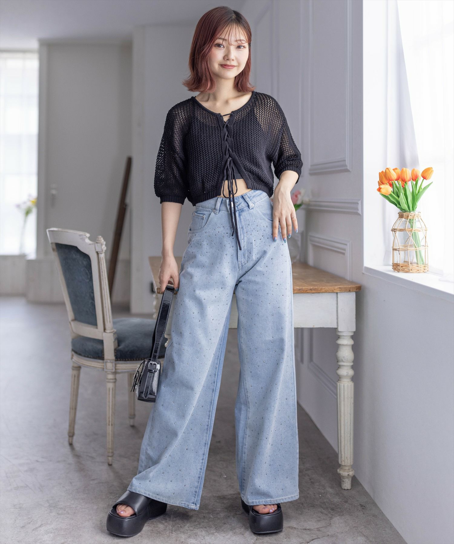 セール】裾リボンメッシュニット＆タンクトップ2点セット