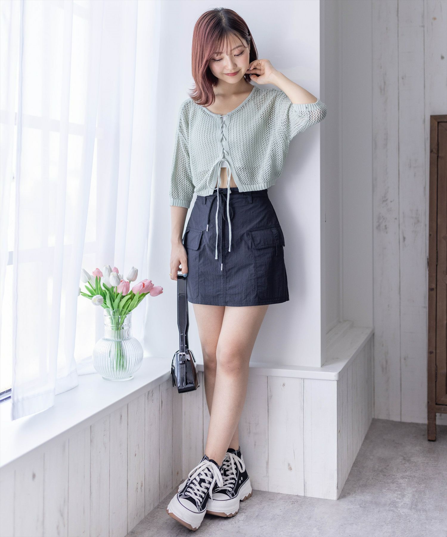clear≪夏新作≫フロントクロスリボンメッシュニットトップス clear≪夏新作≫フロントクロスリボンメッシュニットトップス