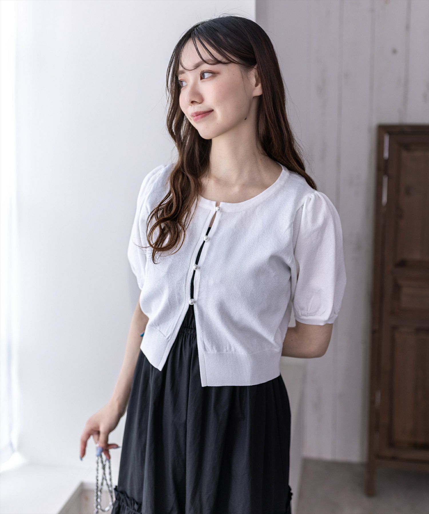 ホワイト 半袖カーディガン パール付き（m,i,d, navy” /パール