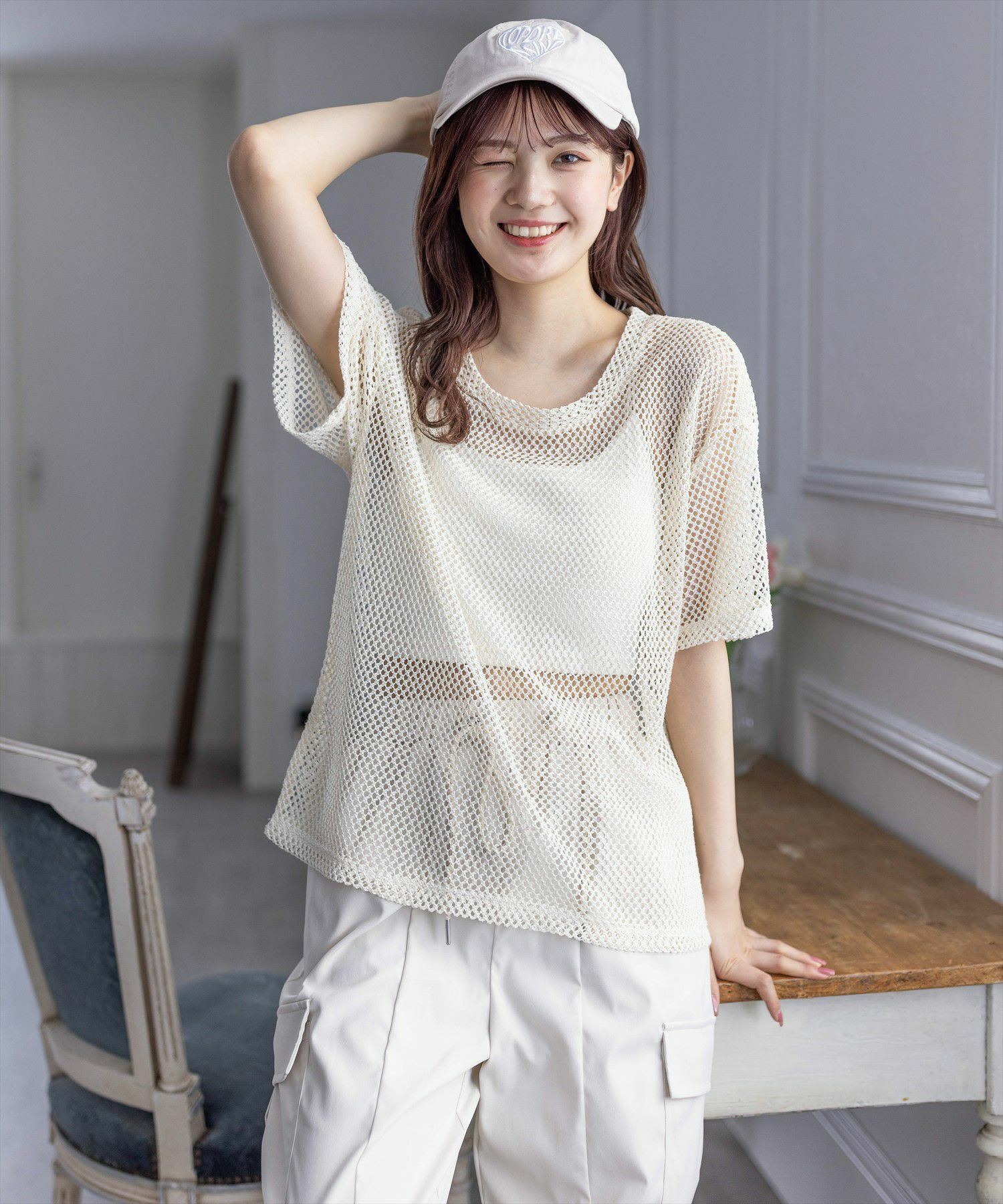 【完売間近】デコード1.8 ベージュ系メッシュ長袖シフォンロング clear ロング丈メッシュトップス[CL8495] | レディース