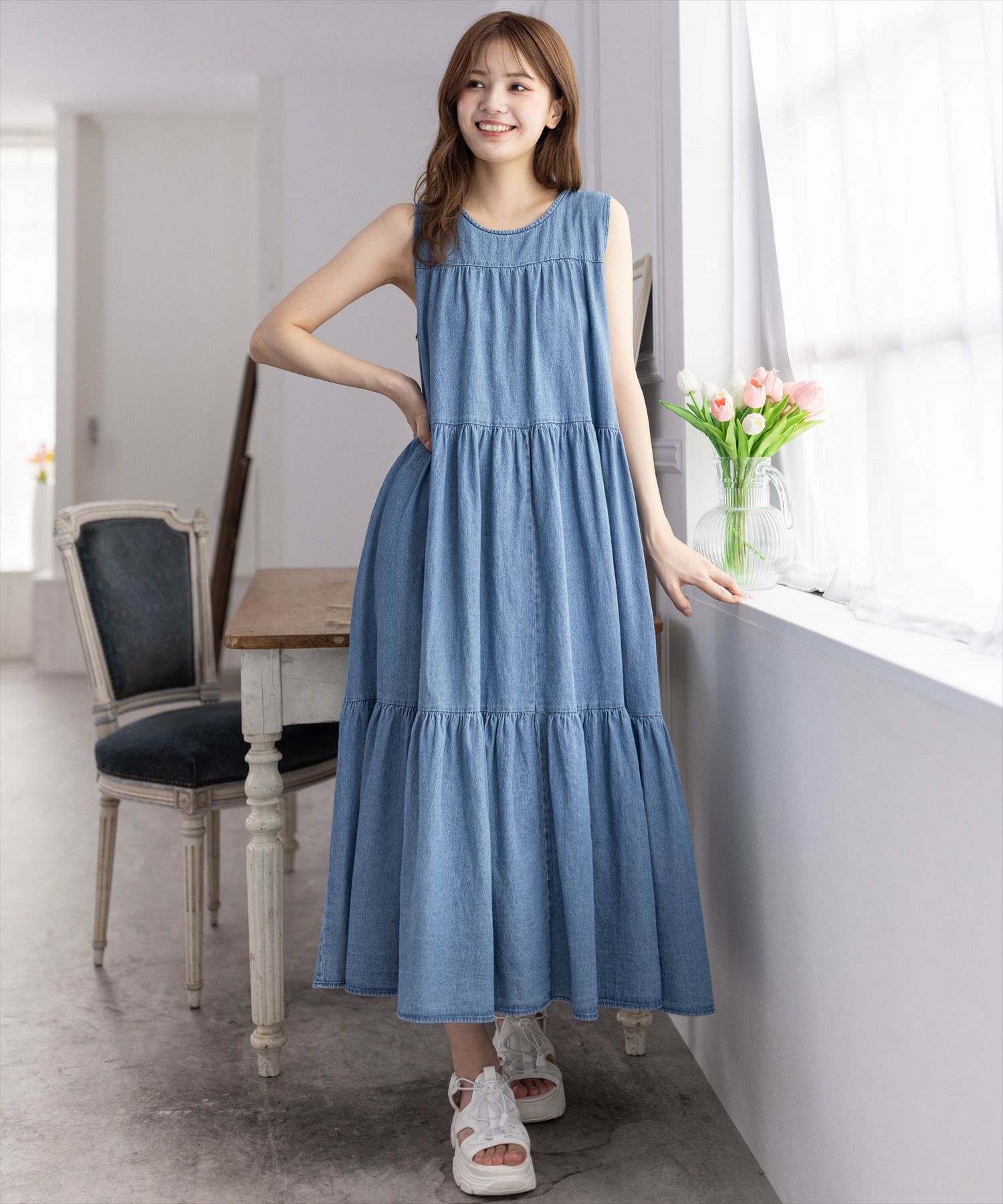 ②2wayデニムティアードワンピース/スカート　M-L デニムティアードワンピース