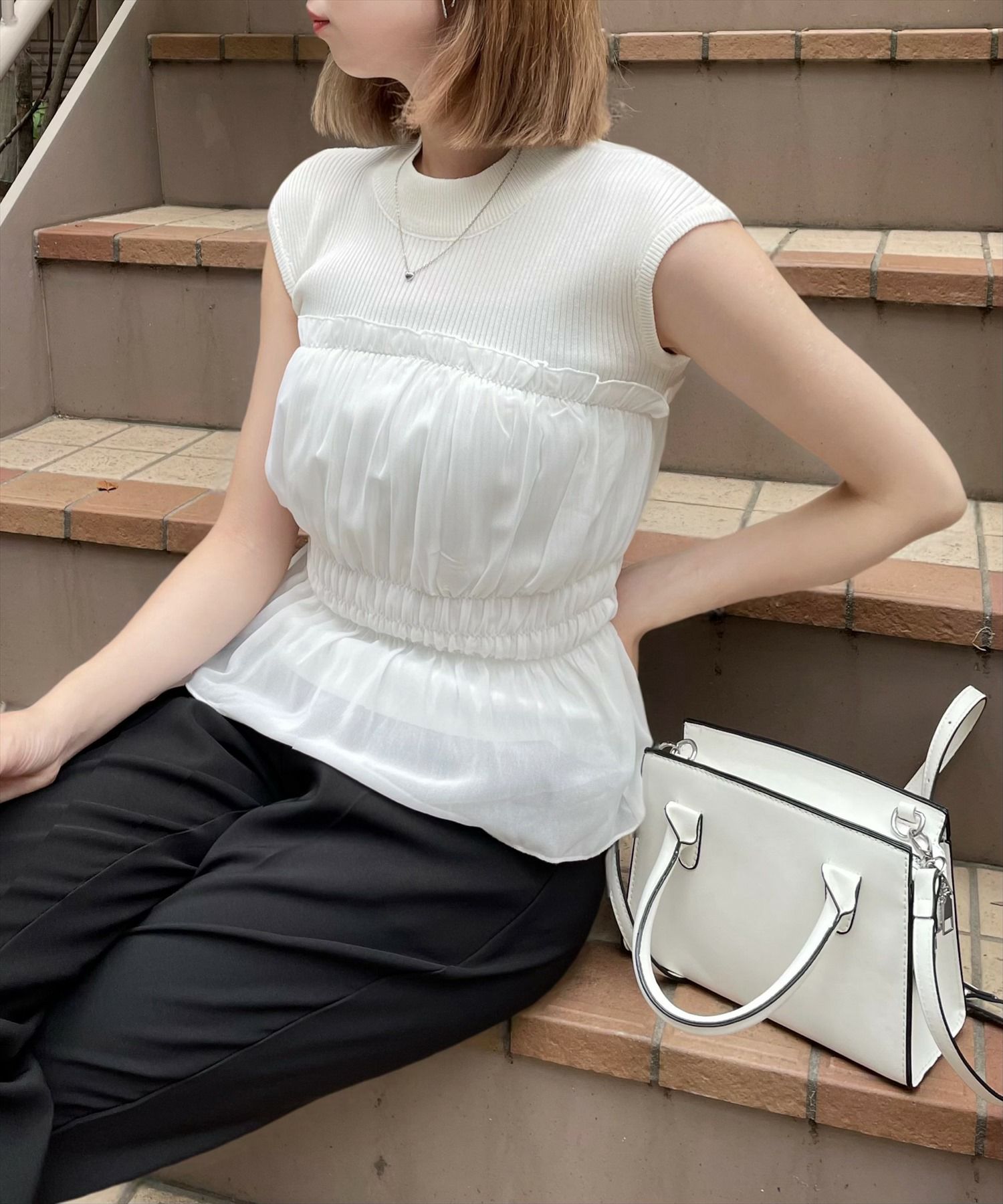 clear シフォンドッキングフレンチスリーブニットトップス