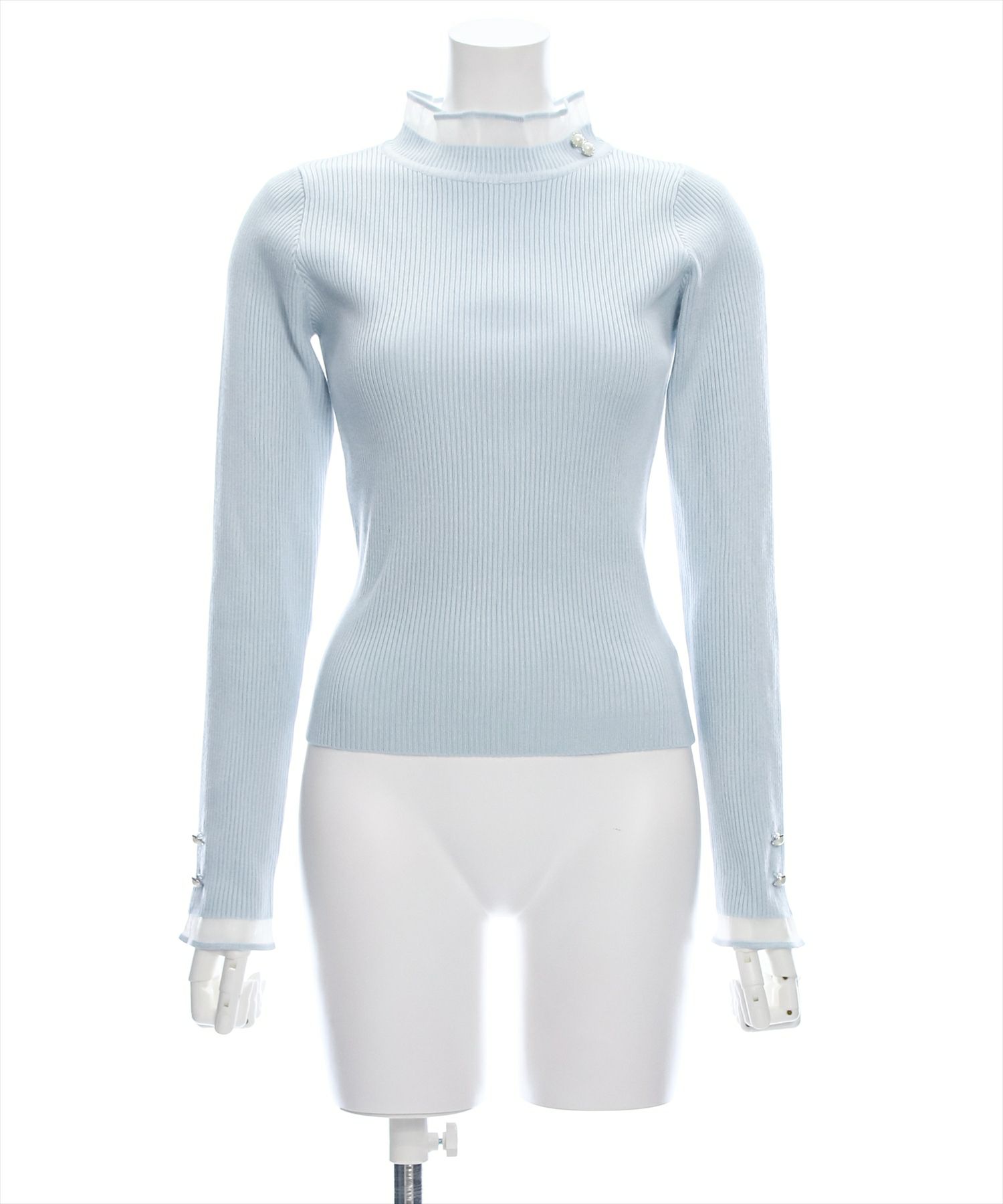 clear≪再入荷≫シアーフリルネック長袖ニットトップス[CL8385 clear≪再入荷≫シアーフリルネック長袖ニットトップス[CL8385