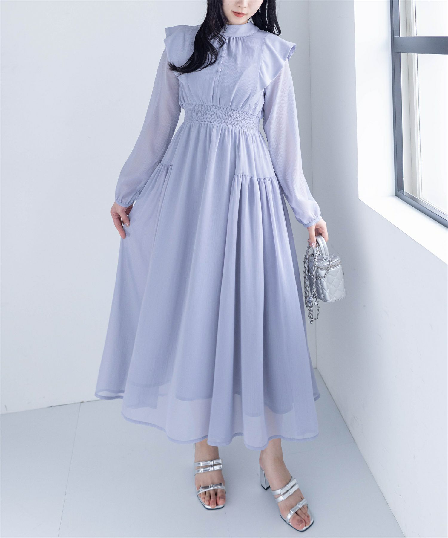 clear≪再入荷≫ウエストシャーリングバックリボン長袖ワンピース 