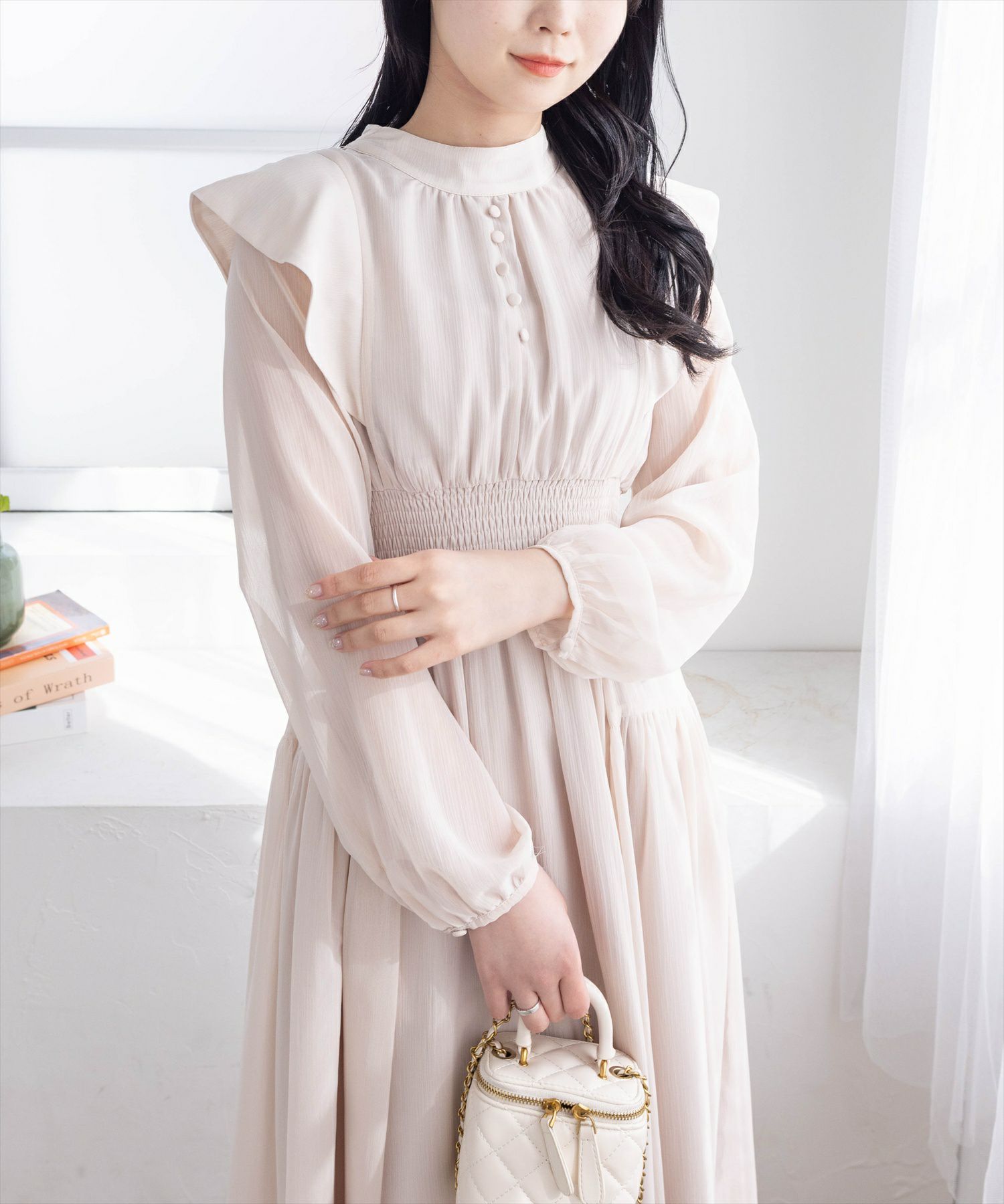clear≪再入荷≫ウエストシャーリングバックリボン長袖ワンピース 