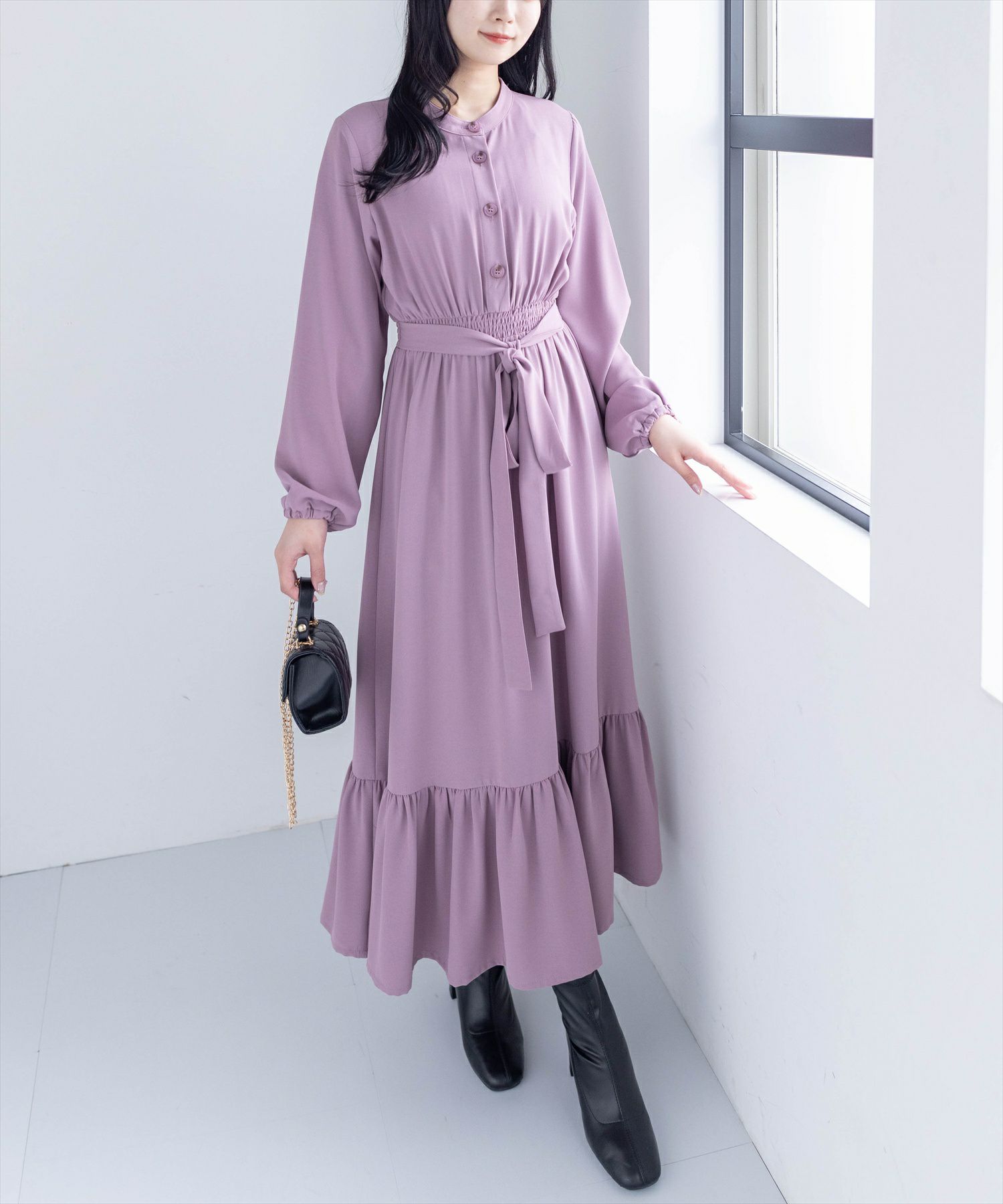 clear≪再入荷≫ウエストリボン裾切替長袖ロングワンピース[CL8817 
