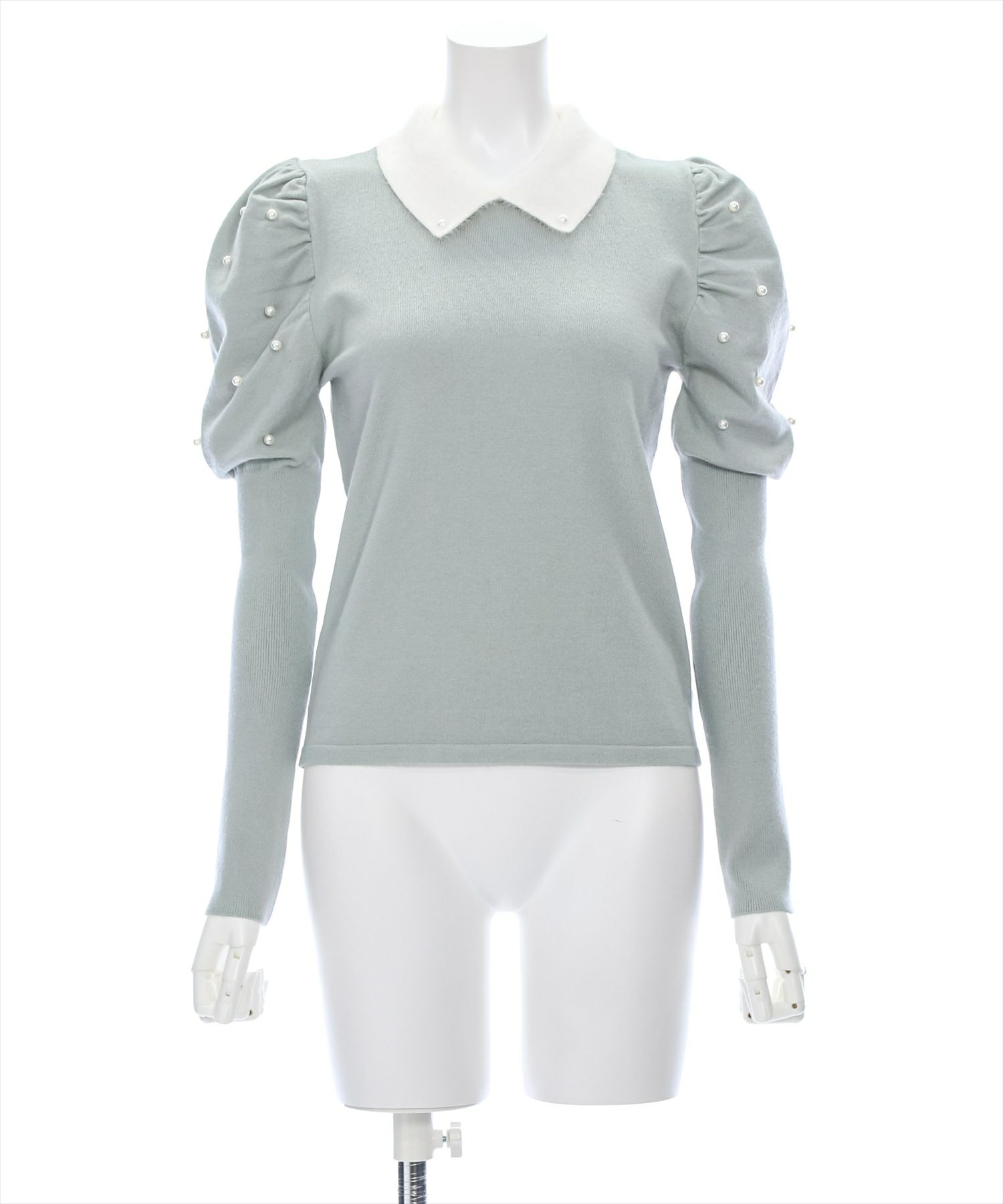 clear≪再入荷≫袖パールフェザー配色襟付きニットトップス