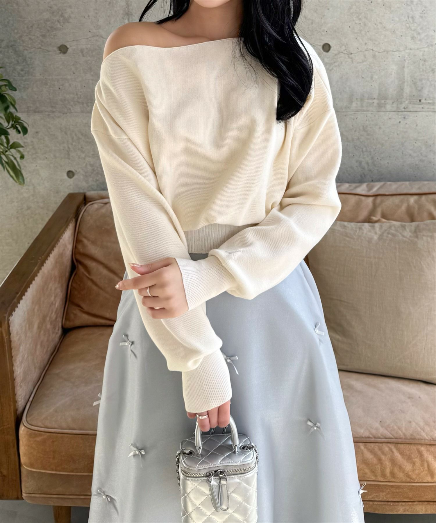 typeservice 水色 オフショルダー ニット　韓国　バレエコア CLEAR BASIC≪SS新作≫ワンポイント刺繍ワンショル2wayニット