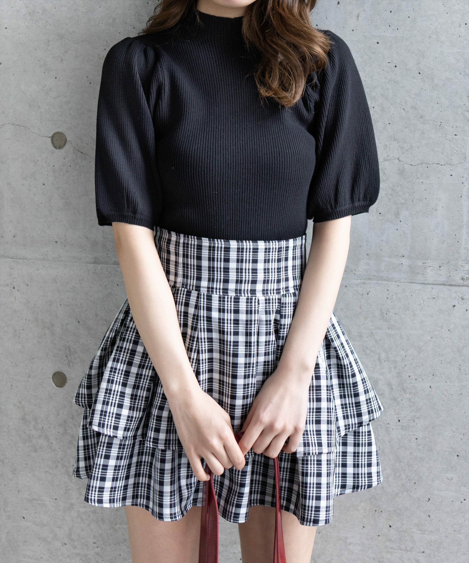 René パフスリーブ半袖トップス 黒 リフ Riff 袖リボンスクエアネックトップス レースアップ