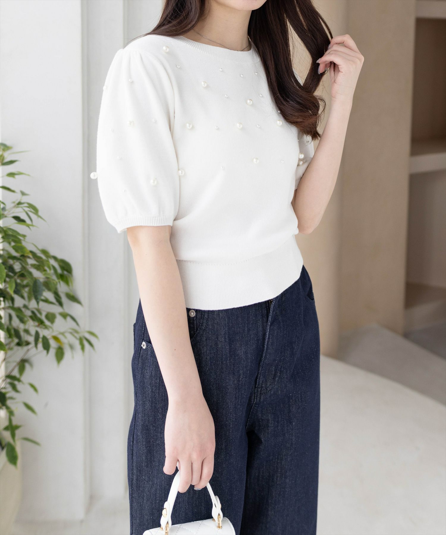 CLEAR BASIC≪SS新作≫パール付き半袖ニットトップス[CL9139