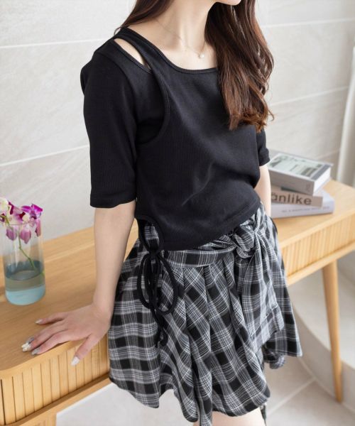 clear≪SS新作≫ストラップクロップド5分袖トップス[CL9023