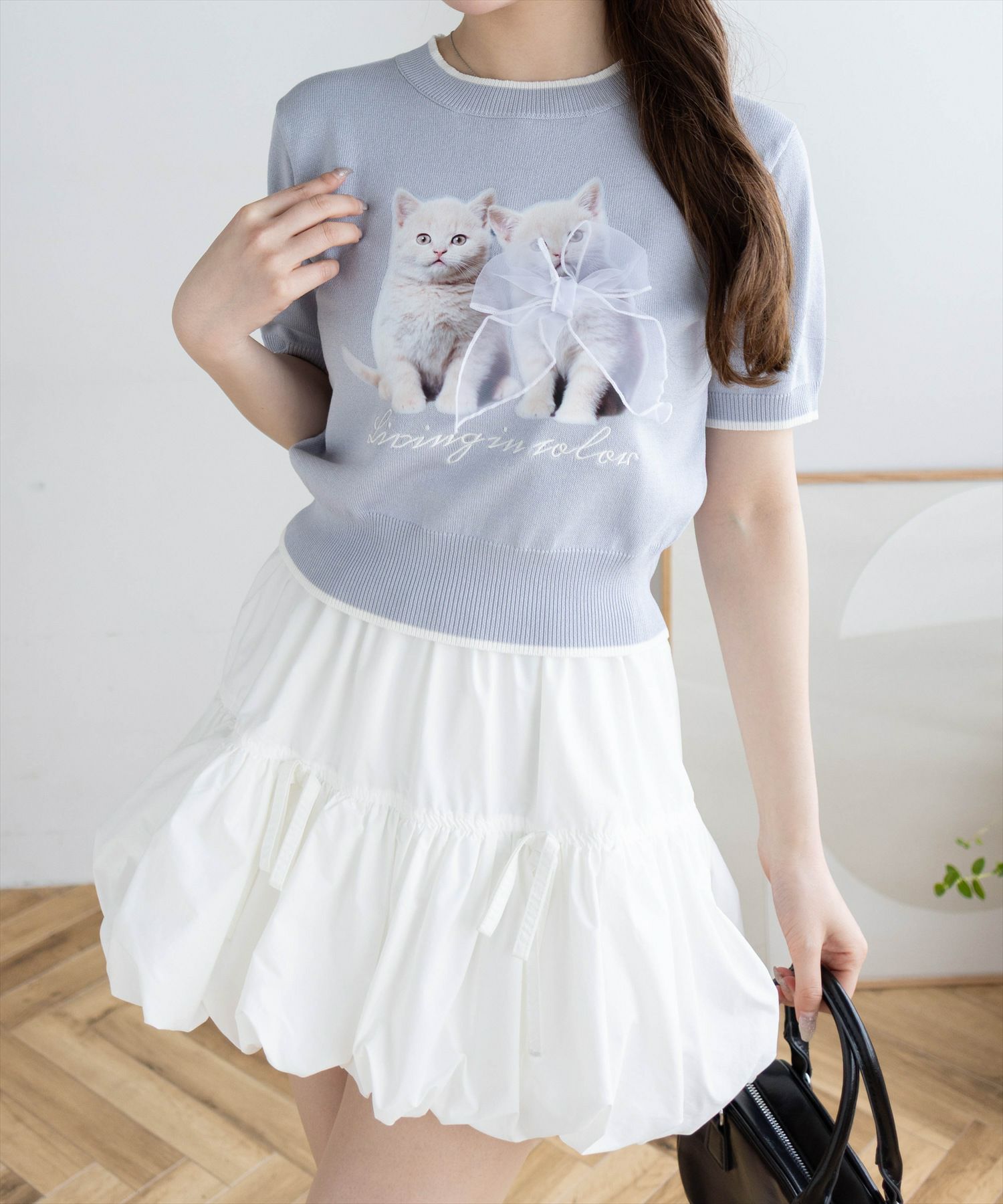 clear ネコプリントリボン半袖ニットトップス[CL9234] | レディース