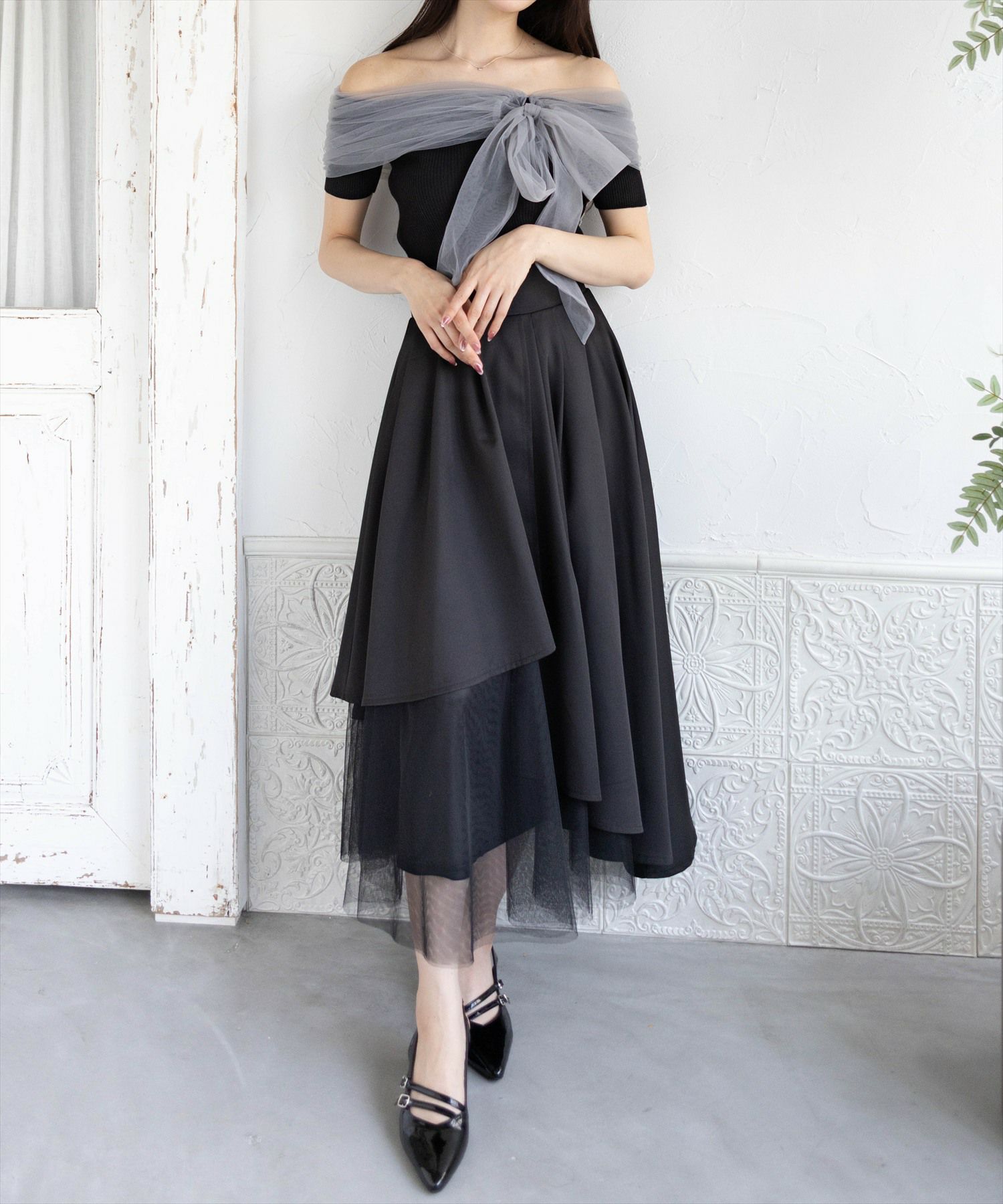 rienda | ペプラムチュールコンビKnit TOP (ニット ) |SHEL'TTER