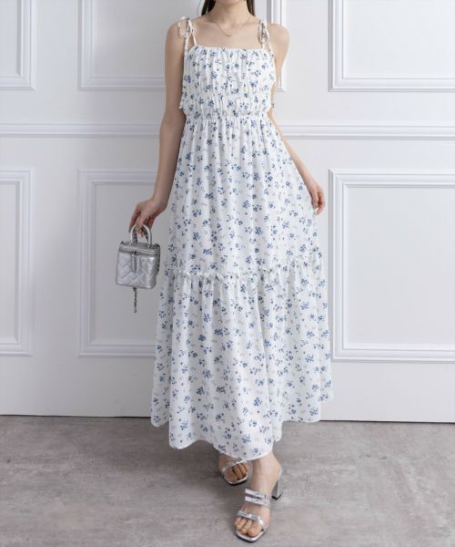 花柄 肩リボン キャミソールワンピース★可愛い お洒落 夏コーデ フラワー柄肩リボンキャミソールワンピース 韓国 春夏[品番