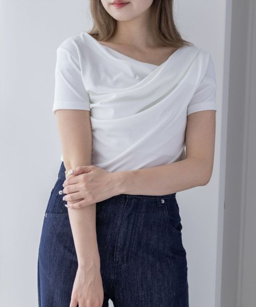 Open yy ベージュ ドレープデザイン 長袖トップス セール】薄手ドレープ半袖トップス（Tシャツ/カットソー