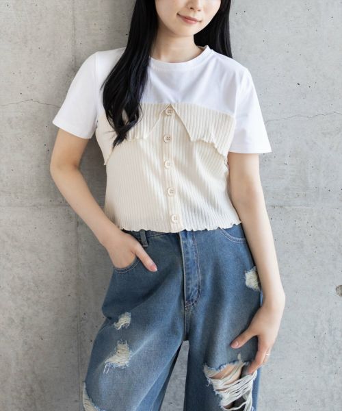 【別倉庫からの配送】 clear≪SS新作≫ニットドッキング半袖Tシャツ[CL9273 トップス