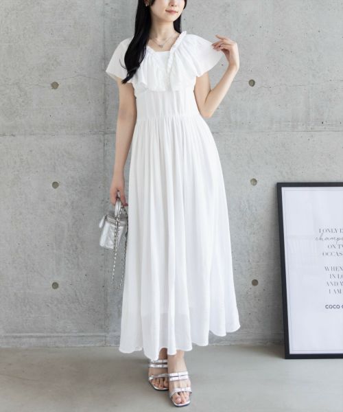 GANNI ストレッチコットン フリルスリーブ ドレス 白ワンピ Bright White White Stretch Cotton Dress | GANNI US