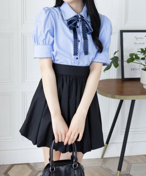 clear≪SS新作≫ピコレースリボン半袖ストライプブラウス[CL9251
