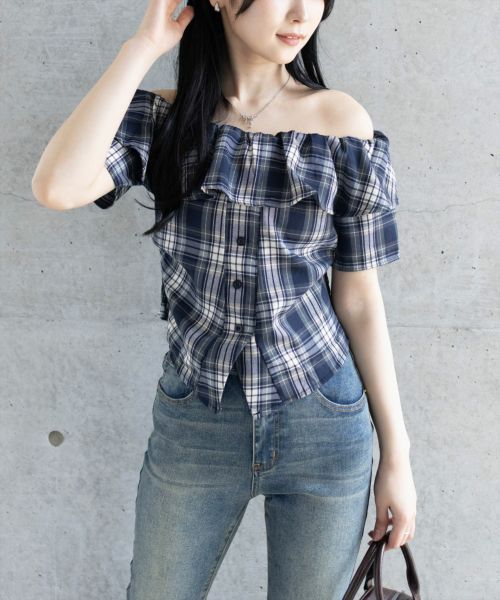 【d.i.a.】新品ネイビー・チェックオフショルダー/GAL オフショルダー チェック柄 | レディースファッション通販の