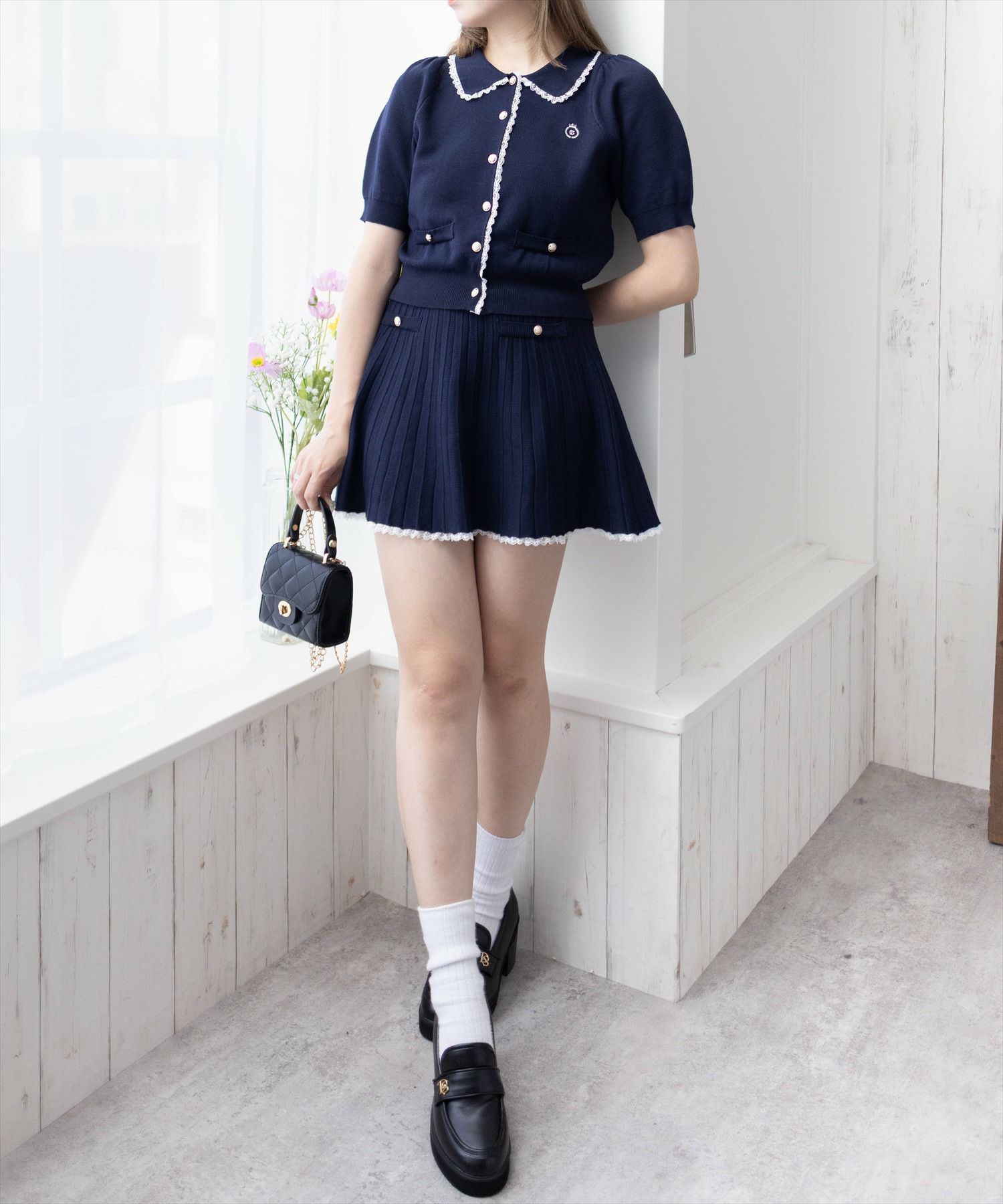 clear≪WEB先行販売/SS新作≫ポロ襟縁取りレースニット