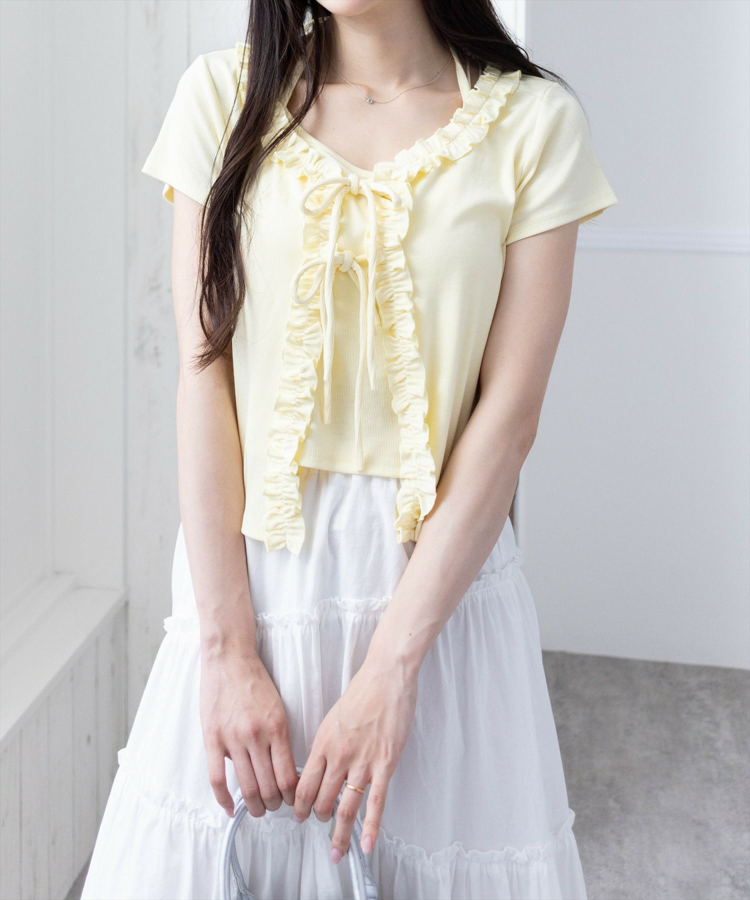JUNKO ⭐️サカイ　切替ドッキングカットソー　半袖　ドレスシャツ　フリル clear≪SS新作≫インナー付きフリルカットソートップス[CL9403