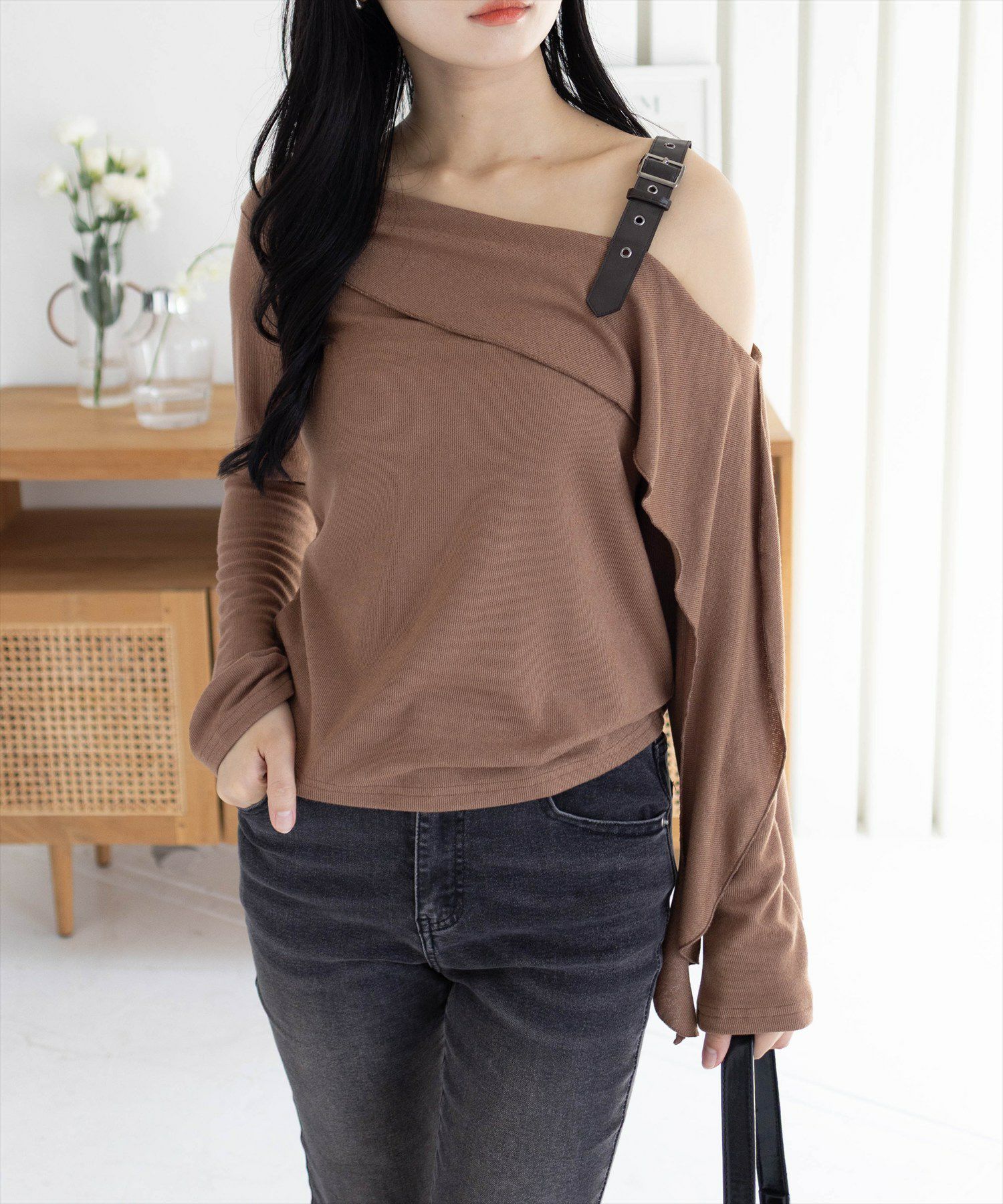 mideal バルーンワンショルダートップス チャコールグレー mideal ブラウス シャツ balloon one shoulder tops / バルーン