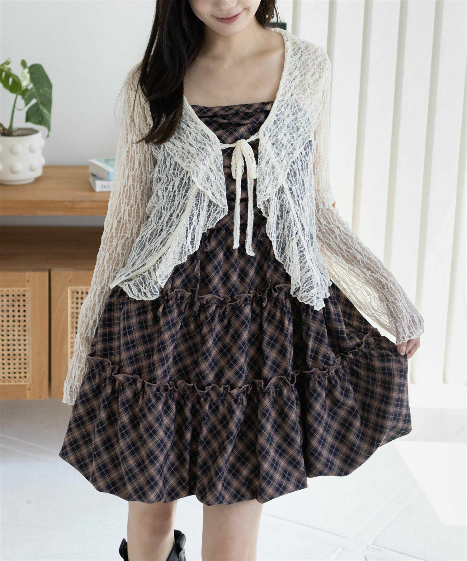 161cm/ネイビー×チェック