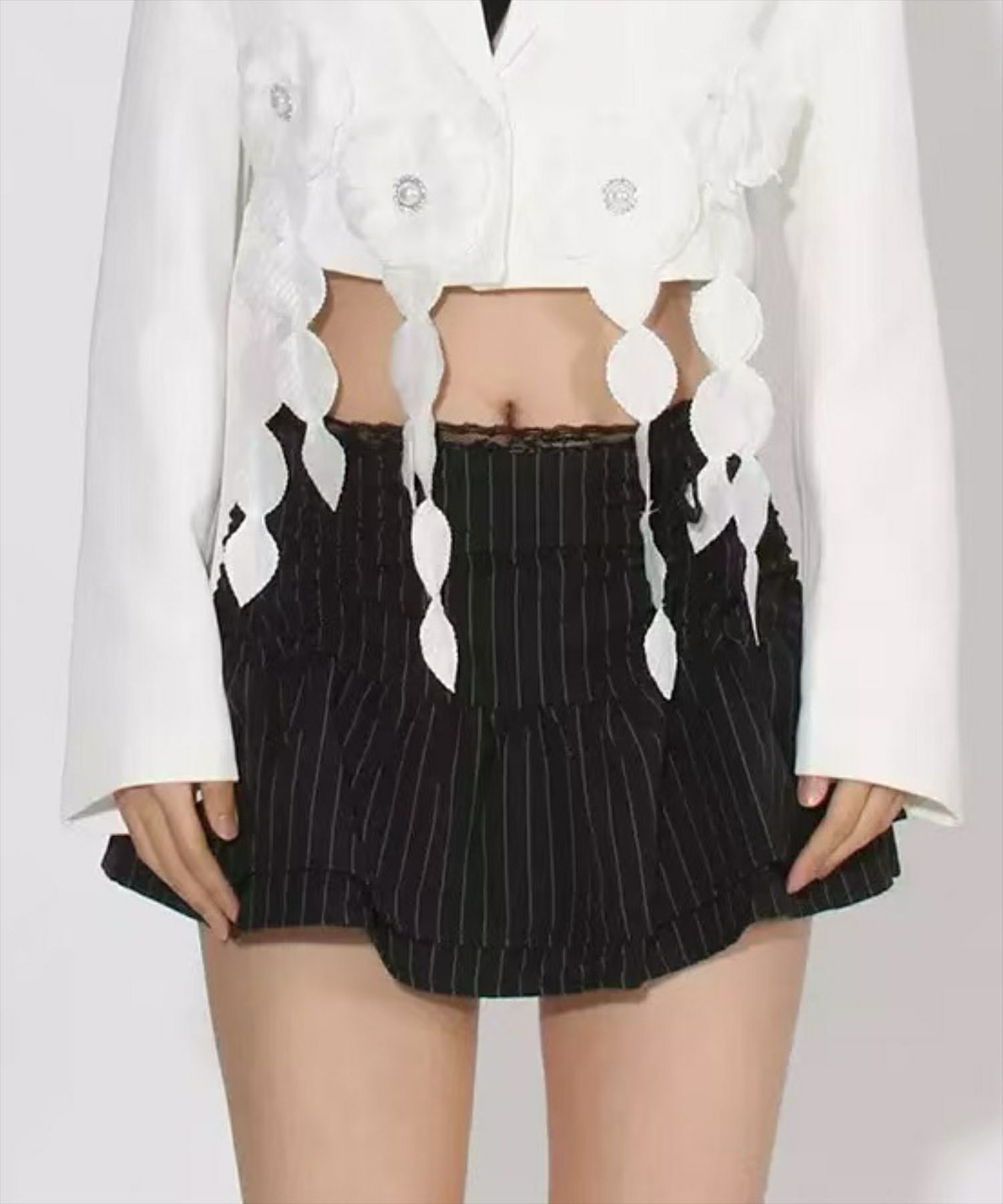 DimMoireサイドフリルミニスカート/Black×White(ストライプ) dimmoire ディムモアール サイドフリルミニスカート【Stripe】 M