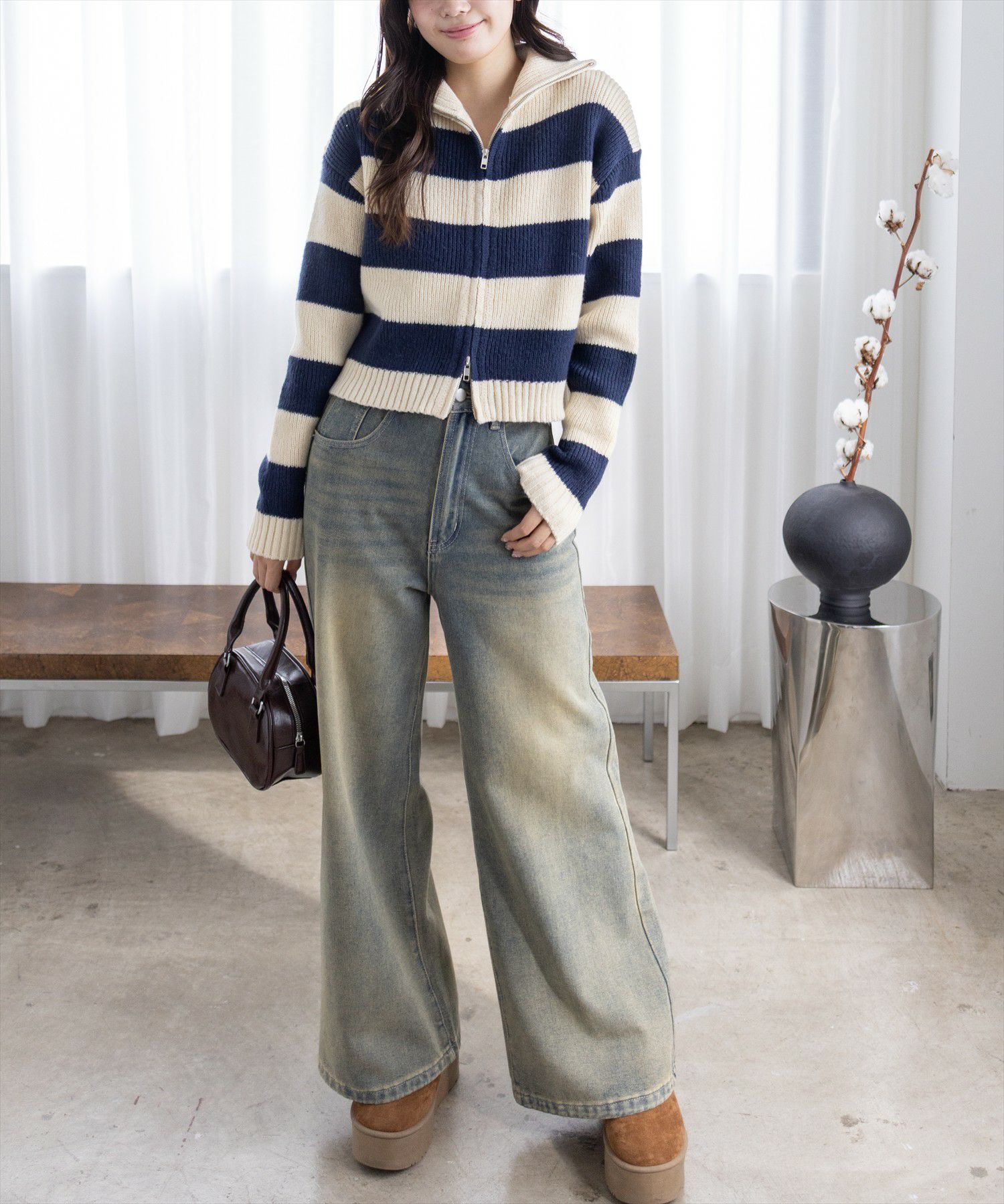 161cm/アイボリー×ネイビー