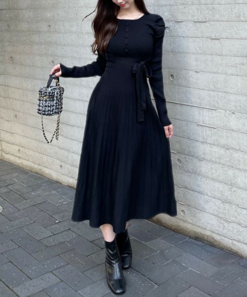 clear ウエストリボンニットプリーツワンピース[CL8672] | レディース