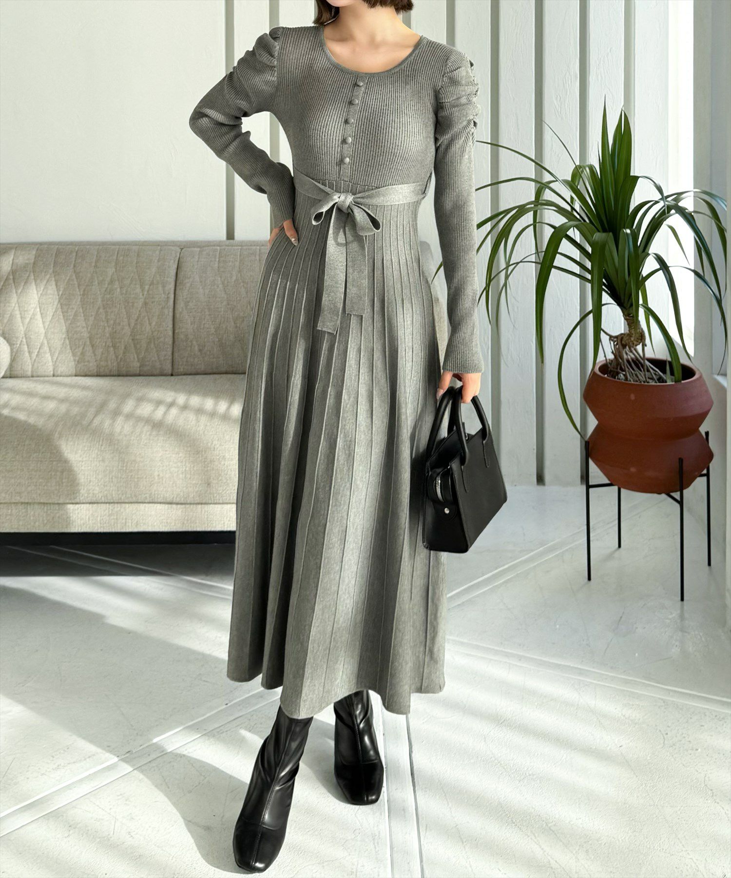 clear ウエストリボンニットプリーツワンピース[CL8672] | レディース