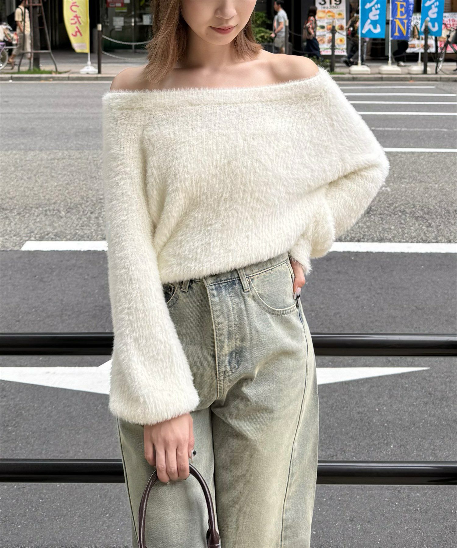 アイボリー　1点 clear 2wayワンショル&ボートネックフェザーニットトップス[CL8535