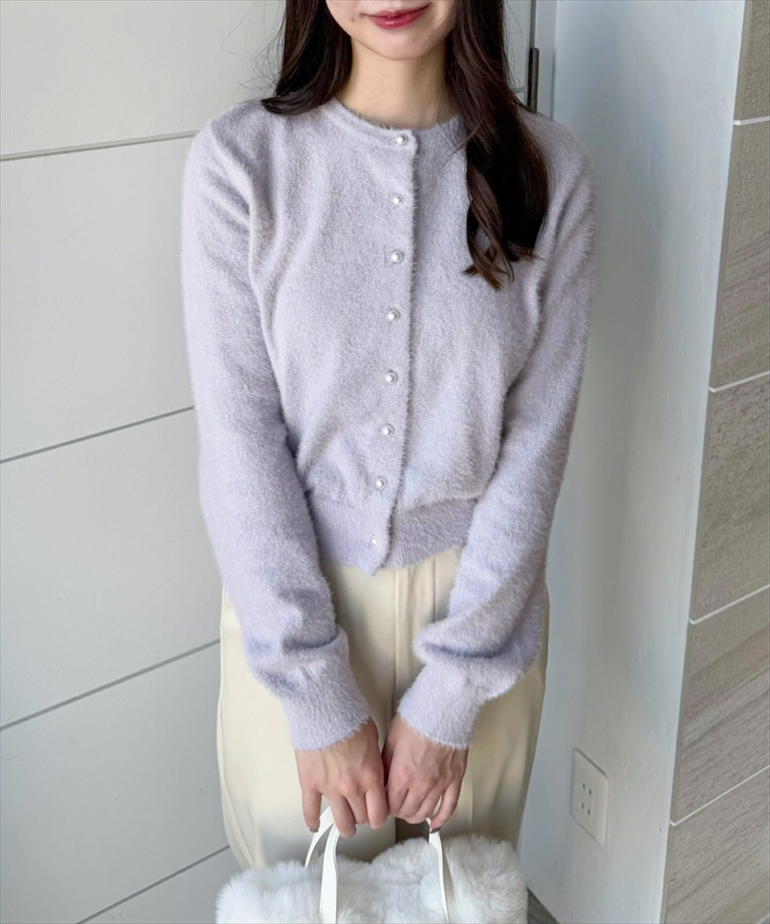 CLEAR BASIC ラメフェザーパールボタンニットカーディガン[CL8935