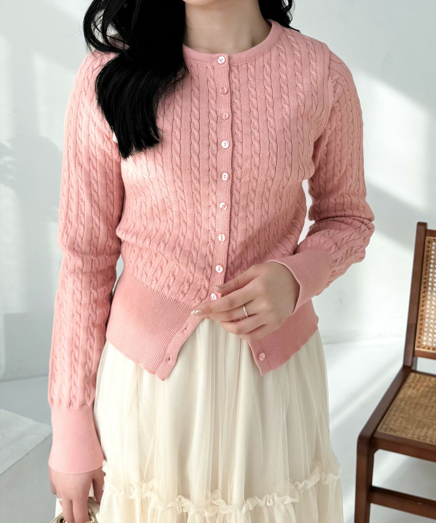 ピンク ケーブルニット カーディガン NAPTIME ピンク ケーブルニット カーディガン NAPTIME