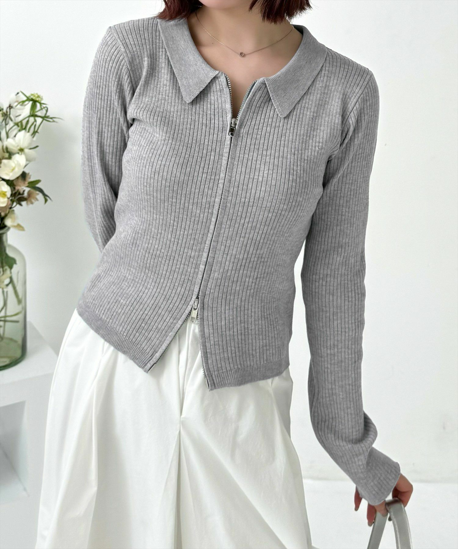 L’AUBE BLANC プリーツカシュクールニットトップス グレー laubeblanc ローブブラン プリーツカシュクールニットトップス L'AUBE