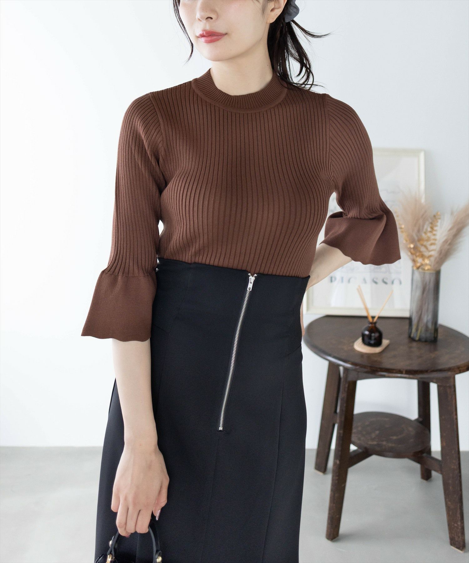 CLEAR BASIC 五分袖スカラップニットトップス[CL9113] | レディース